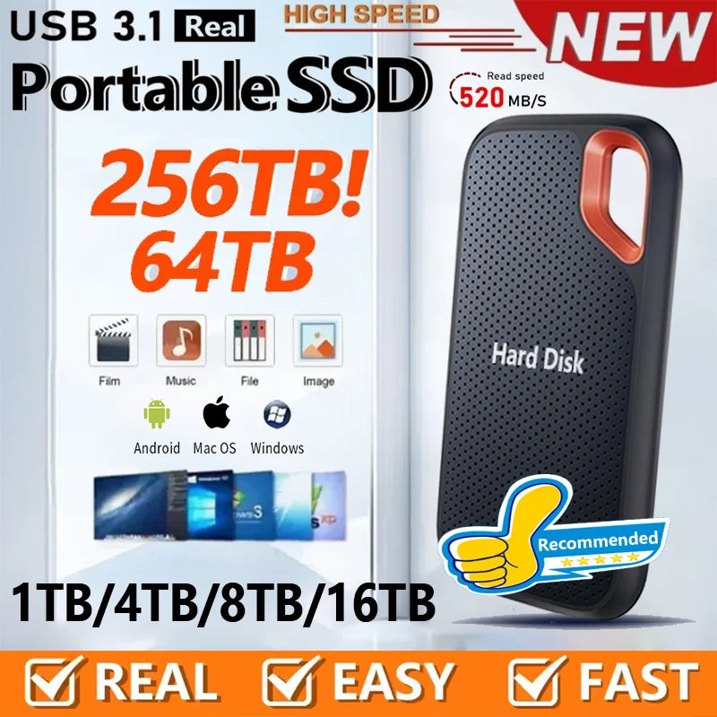 New Portable SSD 1TB External Hard Drive 2TB High-Speed Solid-State Drive 256TB Mass Storge Hard Drive USB3.2 for Laptops/Pc/Mac