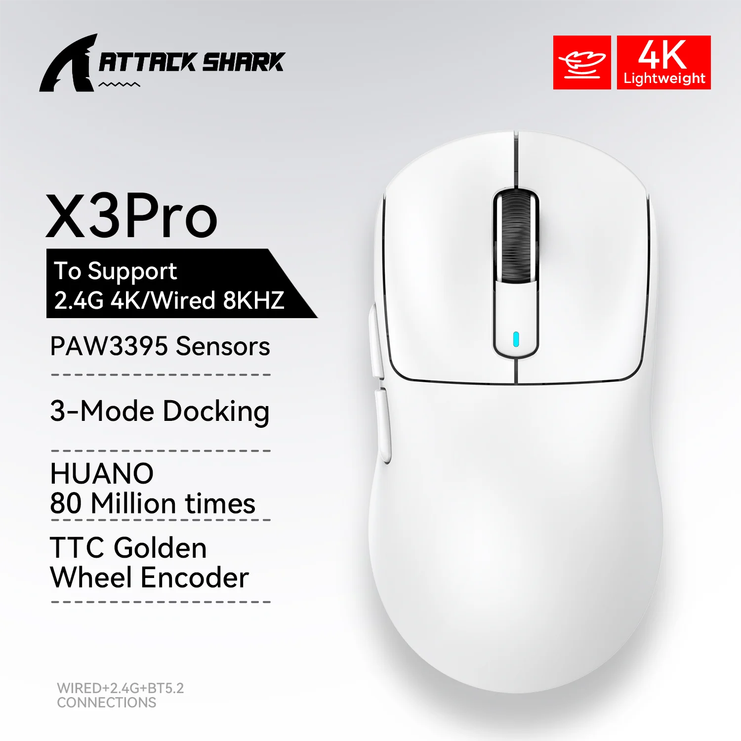 X3Pro X3 Wireless Mouse Lightweight PAW3395 26000Dpi Tri-Mode Connection Macro Gaming Mouse for Win/Xbox/Ps/Mac