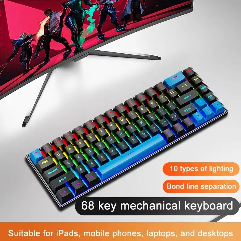 K68 Wired Mechanical Keyboard 10Kinds of Colorful Lighting Gaming and Office for Microsoft Windows and Apple IOS System
