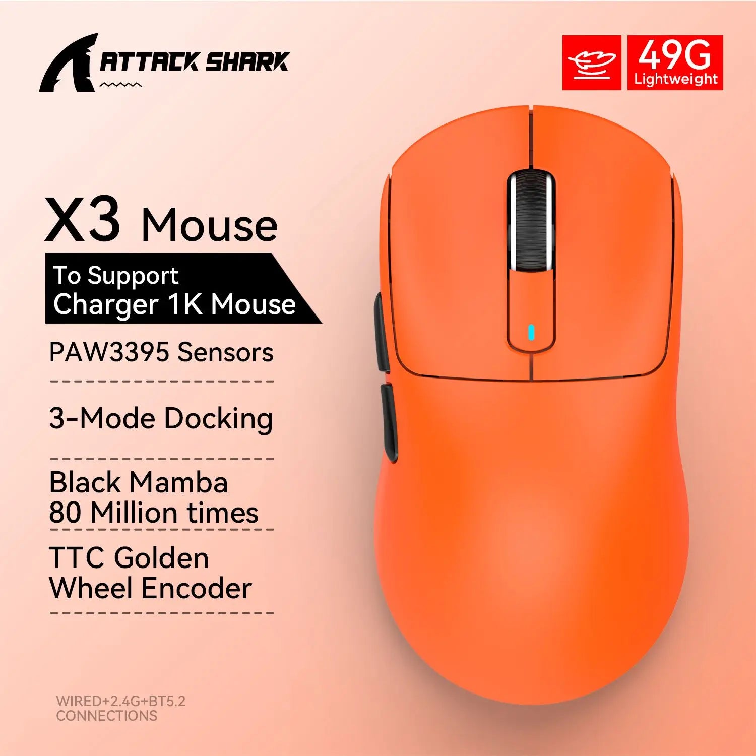 X3Pro X3 Wireless Mouse Lightweight PAW3395 26000Dpi Tri-Mode Connection Macro Gaming Mouse for Win/Xbox/Ps/Mac
