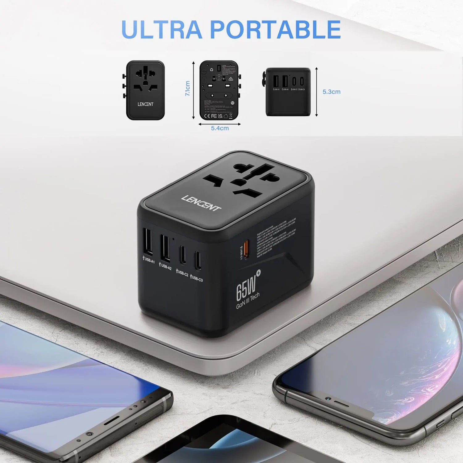 65W/100W Gan International Travel Adapter with 2USB 3 Type C Gan Fast Charging Adapter with EU AU US UK Plug for Travel
