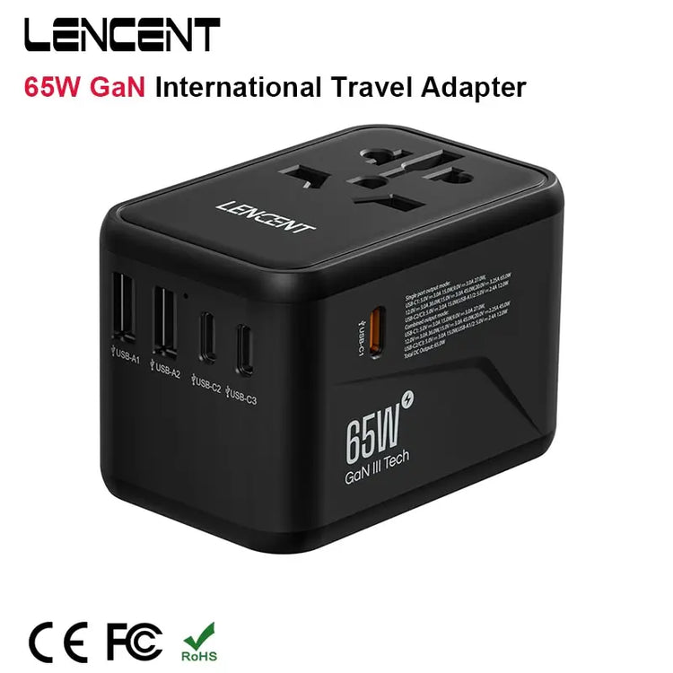 65W/100W Gan International Travel Adapter with 2USB 3 Type C Gan Fast Charging Adapter with EU AU US UK Plug for Travel